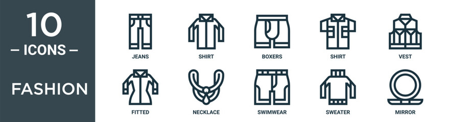 fashion outline icon set includes thin line jeans, shirt, boxers, shirt, vest, fitted, necklace icons for report, presentation, diagram, web design