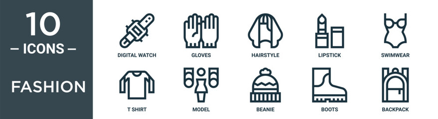 Obraz premium fashion outline icon set includes thin line digital watch, gloves, hairstyle, lipstick, swimwear, t shirt, model icons for report, presentation, diagram, web design