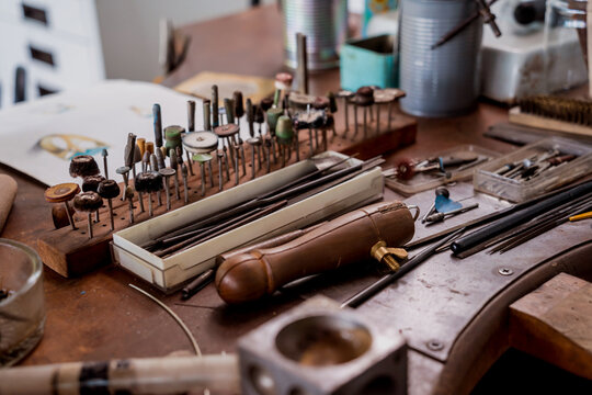 Instruments kit in a large workshop for the manufacture of handmade jewelry