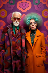Old couple, in colorful modern clothes, modern pensioners, posing infront of vintage wallpaper. Aging, fashion, AI generative, illustration