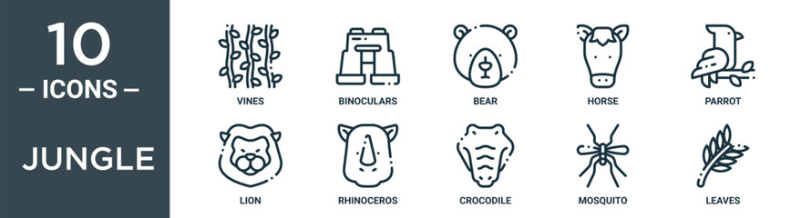 jungle outline icon set includes thin line vines, binoculars, bear, horse, parrot, lion, rhinoceros icons for report, presentation, diagram, web design