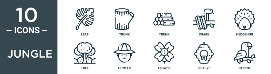 jungle outline icon set includes thin line leaf, trunk, trunk, snake, hedgehog, tree, hunter icons for report, presentation, diagram, web design