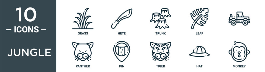 jungle outline icon set includes thin line grass, hete, trunk, leaf, , panther, pin icons for report, presentation, diagram, web design
