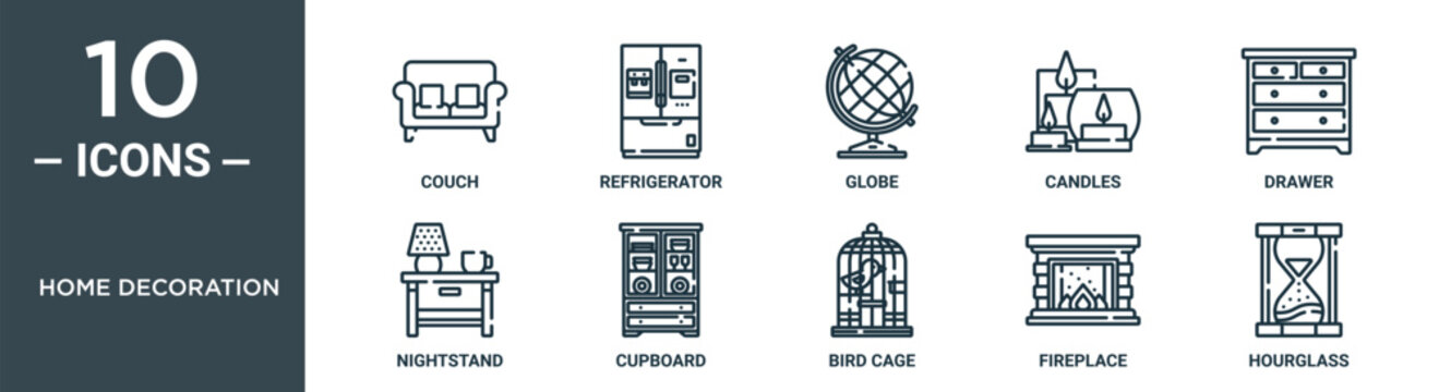 home decoration outline icon set includes thin line couch, refrigerator, globe, candles, drawer, nightstand, cupboard icons for report, presentation, diagram, web design