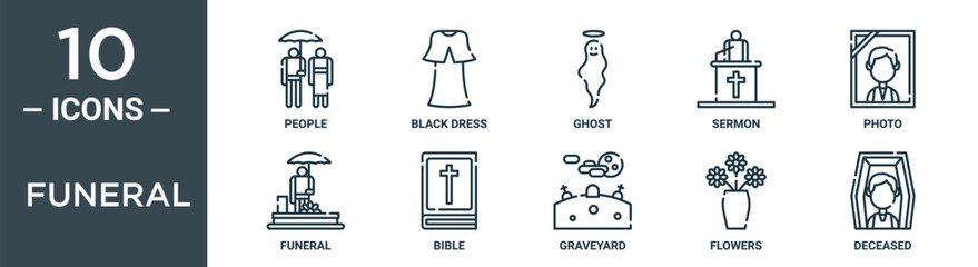 Obraz premium funeral outline icon set includes thin line people, black dress, ghost, sermon, photo, funeral, bible icons for report, presentation, diagram, web design
