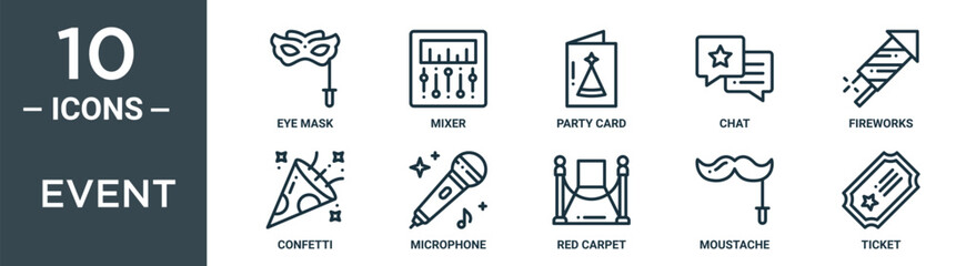 Obraz premium event outline icon set includes thin line eye mask, mixer, party card, chat, fireworks, confetti, microphone icons for report, presentation, diagram, web design