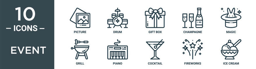 event outline icon set includes thin line picture, drum, gift box, champagne, magic, grill, piano icons for report, presentation, diagram, web design © MacroOne