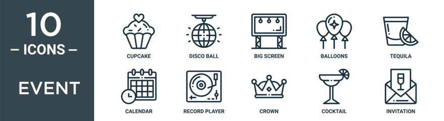event outline icon set includes thin line cupcake, disco ball, big screen, balloons, tequila, calendar, record player icons for report, presentation, diagram, web design