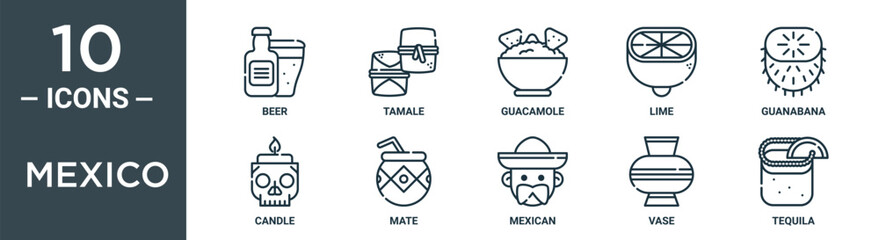 Obraz premium mexico outline icon set includes thin line beer, tamale, guacamole, lime, guanabana, candle, mate icons for report, presentation, diagram, web design