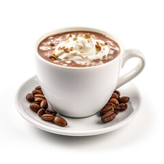 Chestnut praline hot chocolate in a white cup isolated on white background 