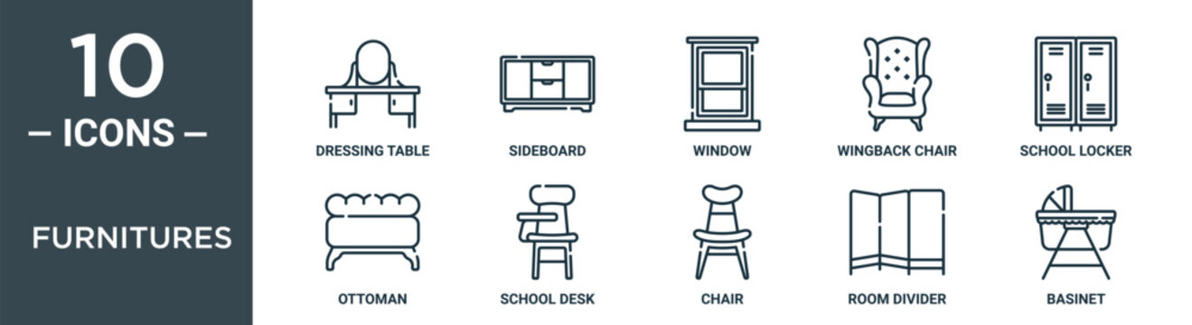 furnitures outline icon set includes thin line dressing table, sideboard, window, wingback chair, school locker, ottoman, school desk icons for report, presentation, diagram, web design