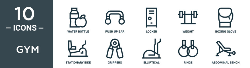 gym outline icon set includes thin line water bottle, push up bar, locker, weight, boxing glove, stationary bike, grippers icons for report, presentation, diagram, web design