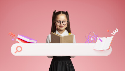 Nerdy Schoolgirl Reading Book Near Online Search Bar, Pink Background