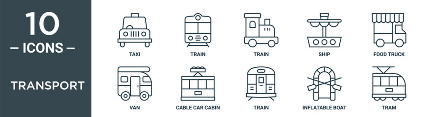 transport outline icon set includes thin line taxi, train, train, ship, food truck, van, cable car cabin icons for report, presentation, diagram, web design