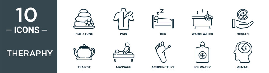 theraphy outline icon set includes thin line hot stone, pain, bed, warm water, health, tea pot, massage icons for report, presentation, diagram, web design