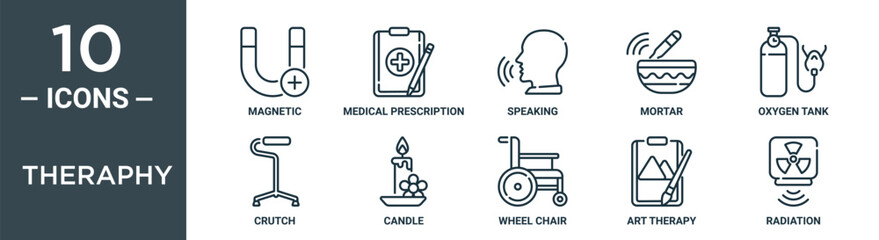 theraphy outline icon set includes thin line magnetic, medical prescription, speaking, mortar, oxygen tank, crutch, candle icons for report, presentation, diagram, web design