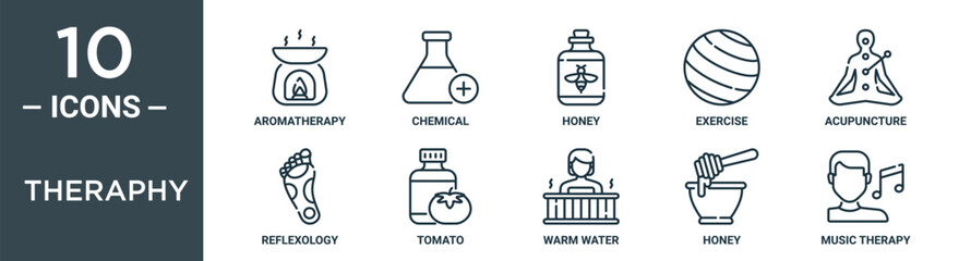 theraphy outline icon set includes thin line aromatherapy, chemical, honey, exercise, acupuncture, reflexology, tomato icons for report, presentation, diagram, web design