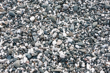 Pebbles of various sizes on a beach.