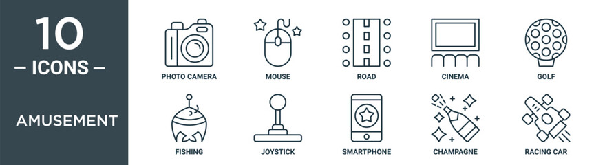 amusement outline icon set includes thin line photo camera, mouse, road, cinema, golf, fishing, joystick icons for report, presentation, diagram, web design © MacroOne