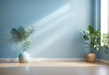 Fototapeta na wymiar modern room with window and two plants in vase on wooden floor and blue empty wall, Generative Ai