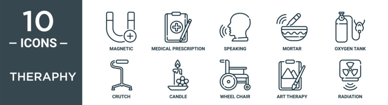 theraphy outline icon set includes thin line magnetic, medical prescription, speaking, mortar, oxygen tank, crutch, candle icons for report, presentation, diagram, web design