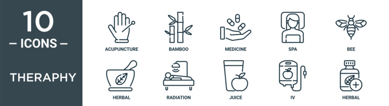 theraphy outline icon set includes thin line acupuncture, bamboo, medicine, spa, bee, herbal, radiation icons for report, presentation, diagram, web design