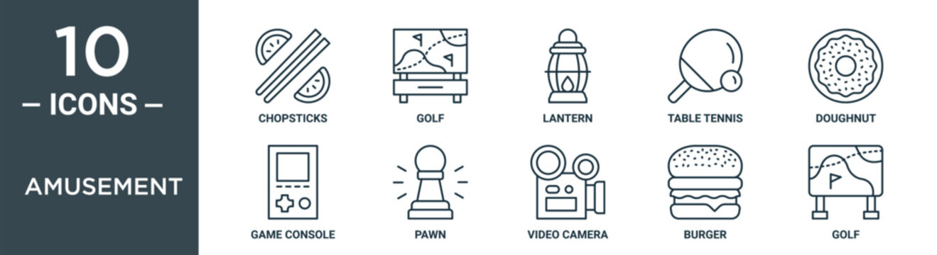 amusement outline icon set includes thin line chopsticks, golf, lantern, table tennis, doughnut, game console, pawn icons for report, presentation, diagram, web design