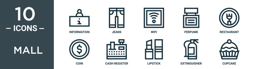 mall outline icon set includes thin line information, jeans, wifi, perfume, restaurant, coin, cash register icons for report, presentation, diagram, web design