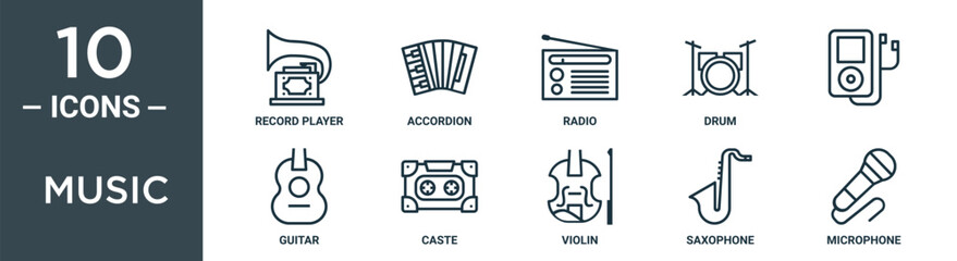 music outline icon set includes thin line record player, accordion, radio, drum, , guitar, caste icons for report, presentation, diagram, web design