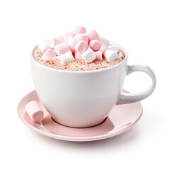 Peppermint marshmallow hot cocoa in a white cup isolated on white background 