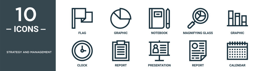 strategy and management outline icon set includes thin line flag, graphic, notebook, magnifying glass, graphic, clock, report icons for report, presentation, diagram, web design