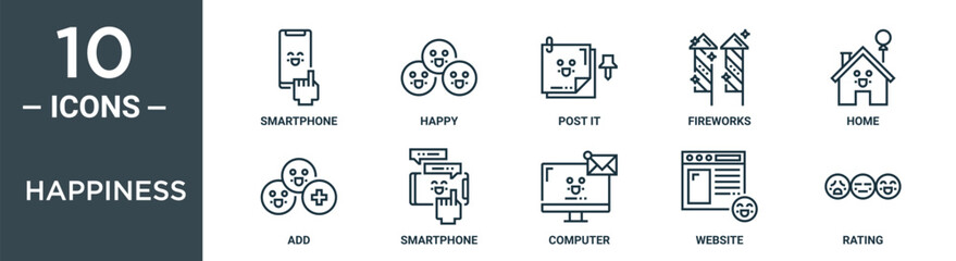 happiness outline icon set includes thin line smartphone, happy, post it, fireworks, home, add, smartphone icons for report, presentation, diagram, web design