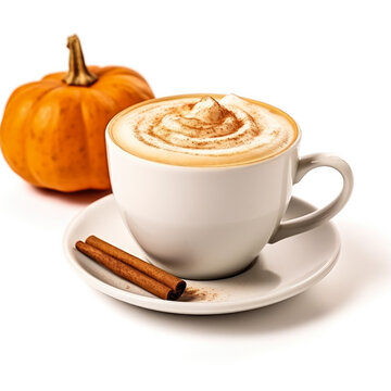 Pumpkin spice latte in a white cup isolated on white background 