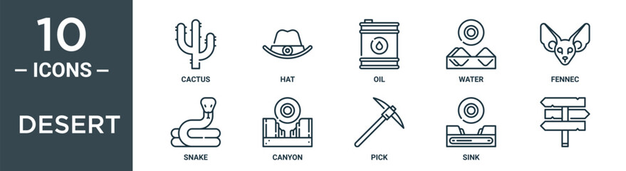 desert outline icon set includes thin line cactus, hat, oil, water, fennec, snake, canyon icons for report, presentation, diagram, web design