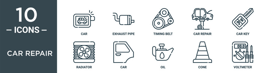 car repair outline icon set includes thin line car, exhaust pipe, timing belt, car repair, key, radiator, icons for report, presentation, diagram, web design