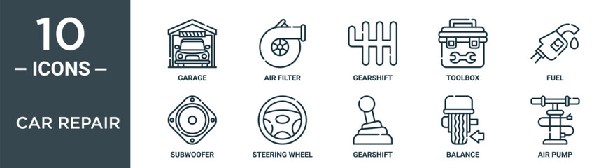 car repair outline icon set includes thin line garage, air filter, gearshift, toolbox, fuel, subwoofer, steering wheel icons for report, presentation, diagram, web design