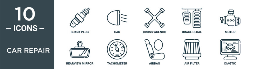 car repair outline icon set includes thin line spark plug, car, cross wrench, brake pedal, motor, rearview mirror, tachometer icons for report, presentation, diagram, web design