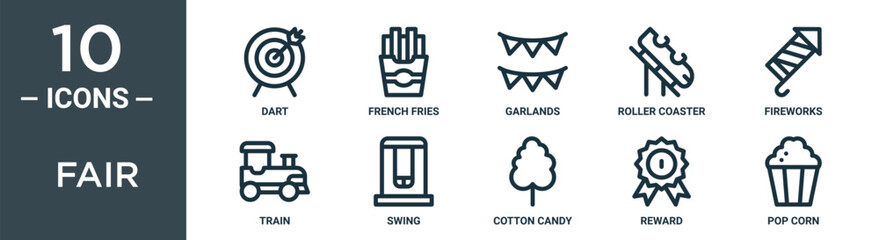 fair outline icon set includes thin line dart, french fries, garlands, roller coaster, fireworks, train, swing icons for report, presentation, diagram, web design - obrazy, fototapety, plakaty