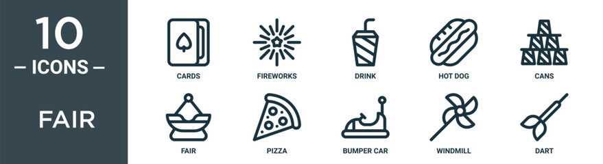 fair outline icon set includes thin line cards, fireworks, drink, hot dog, cans, fair, pizza icons for report, presentation, diagram, web design