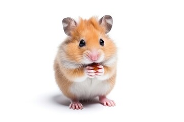 Little cute isolated small hamster sitting on white background. Closeup shot