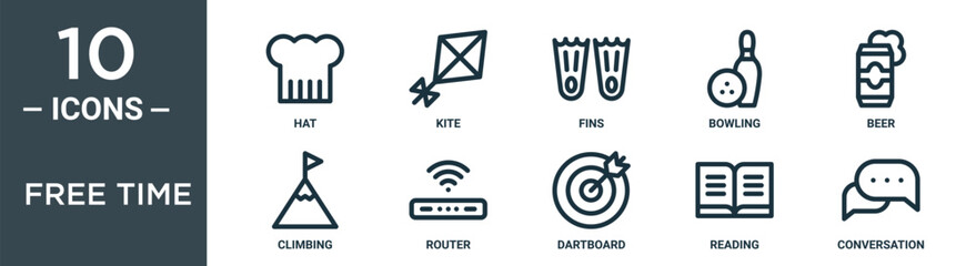 Obraz premium free time outline icon set includes thin line hat, kite, fins, bowling, beer, climbing, router icons for report, presentation, diagram, web design