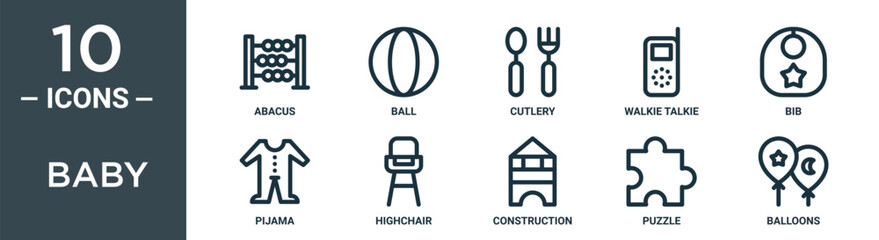 baby outline icon set includes thin line abacus, ball, cutlery, walkie talkie, bib, pijama, highchair icons for report, presentation, diagram, web design