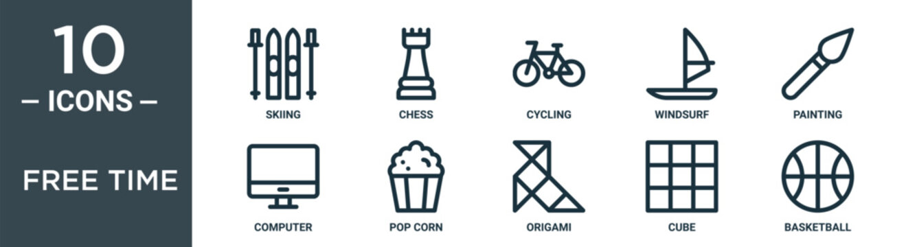 free time outline icon set includes thin line skiing, chess, cycling, windsurf, painting, computer, pop corn icons for report, presentation, diagram, web design