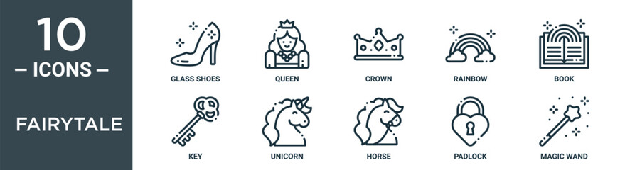 fairytale outline icon set includes thin line glass shoes, queen, crown, rainbow, book, key, unicorn icons for report, presentation, diagram, web design