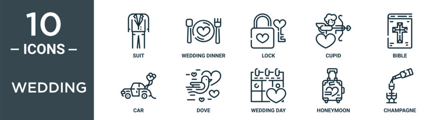wedding outline icon set includes thin line suit, wedding dinner, lock, cupid, bible, car, dove icons for report, presentation, diagram, web design