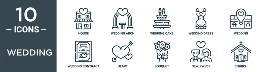 wedding outline icon set includes thin line house, wedding arch, wedding cake, dress, contract, heart icons for report, presentation, diagram, web design