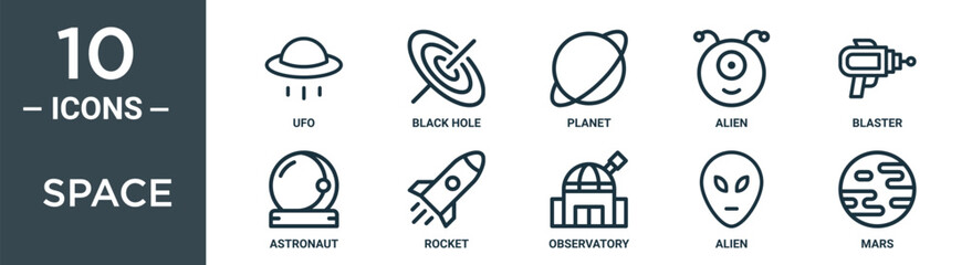 space outline icon set includes thin line ufo, black hole, planet, alien, blaster, astronaut, rocket icons for report, presentation, diagram, web design