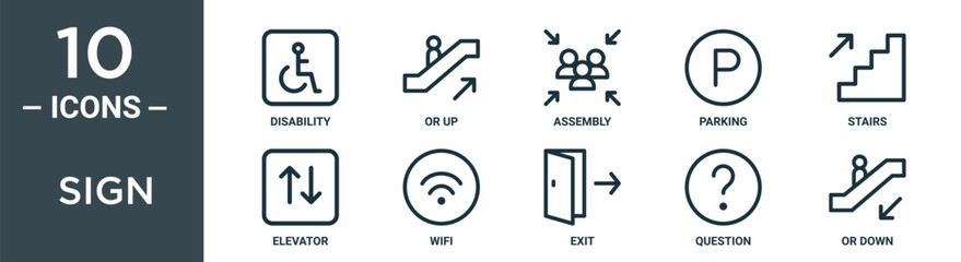sign outline icon set includes thin line disability, or up, assembly, parking, stairs, elevator, wifi icons for report, presentation, diagram, web design © MacroOne
