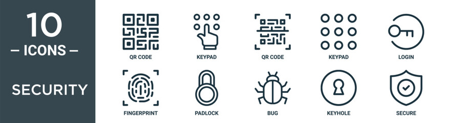 security outline icon set includes thin line qr code, keypad, qr code, keypad, login, fingerprint, padlock icons for report, presentation, diagram, web design