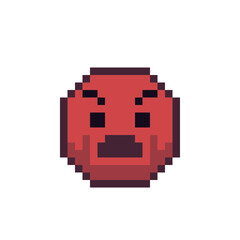 Red sad emoticon face pixel art icon. Angry cartoon character. Show the language of emotion. Flat style. 8-bit style. Isolated abstract vector illustration.